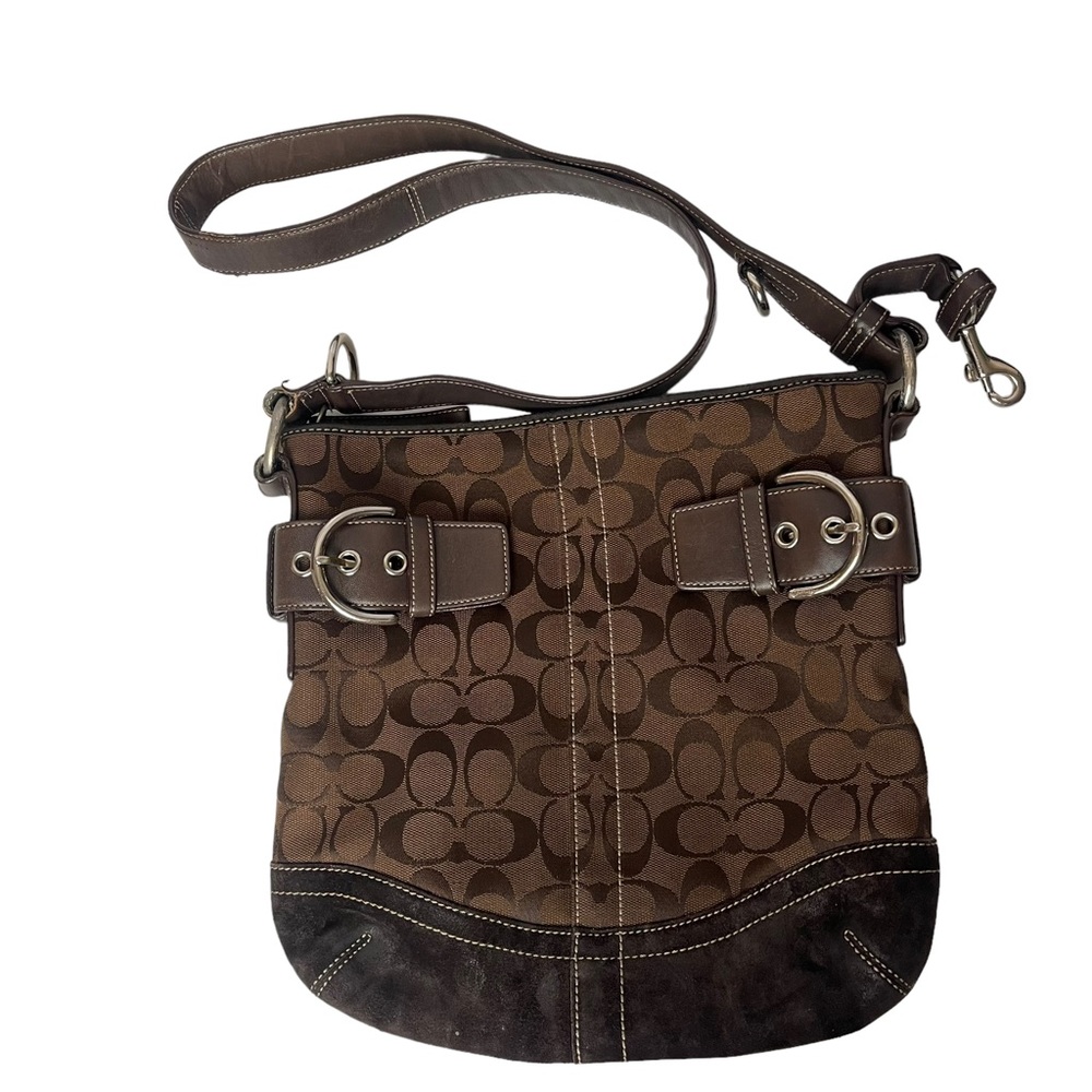 COACH Soho Signature Brown Leather Canvas Crossbody Bag Travel Vacation Casual
